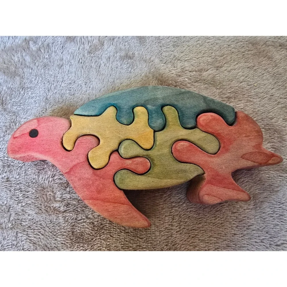 Handmade Wooden Sea Turtle Puzzle Waldorf Montessori Artisan Stained Wood Toy